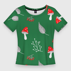 Женская футболка 3D Slim с принтом Грибочки на зеленом фоне, паттерн в Санкт-Петербурге,  |  | berries | berry | cottagecore | forest | gray | mushroom | red | white | белый | бесшовный | ветки | веточки | грибочки | грибы | детский | зелены | красный | лес | лето | листики | листья | милый | минималистичный | мухоморы | осень