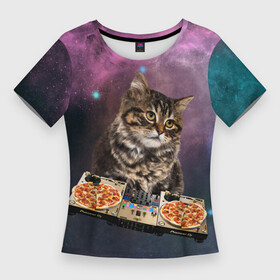 Женская футболка 3D Slim с принтом Космический котёнок диджей  Space DJ Cat в Санкт-Петербурге,  |  | galaxy | in space | pizza | vinyl | vynil | в космосе | винил | вселенная | галактика | диск жокей | космическая кошка | космический кот | космос | кот | котик | котята | микшер | пицца | прикол | пульт | юмор
