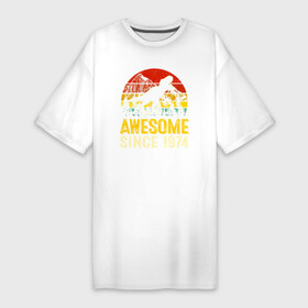 Платье-футболка хлопок с принтом Потрясающий динозавр 1974 года в Санкт-Петербурге,  |  | 1974 | 74 | dino | dinosaur | tyrannosaurus | tyrex | архозавр | год | год рождения | день рождения | дино | динозавр | динозавры | ко дню рождения | на день рождения | прямиком из | родился в | сделан в | тираннозавр
