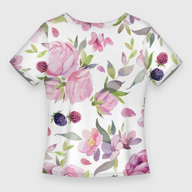 Женская футболка 3D Slim с принтом Летний красочный паттерн из цветков розы и ягод ежевики и малины в Санкт-Петербурге,  |  | blackberry | flowers | pattern | raspberry | rose | summer | ежевика | лето | малина | паттерн | роза | цветы
