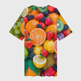 Платье-футболка 3D с принтом ABUNDANCE OF FRUITS в Санкт-Петербурге,  |  | colorful | fresh | grape | green | healthy | lemon | orange | pineapple | red | strawberry | summer | sweet | vegetarian | yellow | ананас | апельсин | вегетарианский | виноград | желтый | здоровый | зеленый | клубника | красный | красочный | лето | лимон