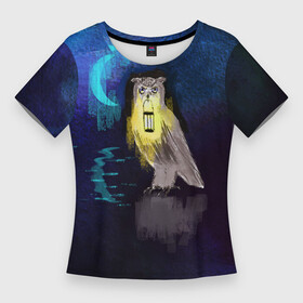 Женская футболка 3D Slim с принтом Сова с фонарем на фоне ночи в Санкт-Петербурге,  |  | bird | lantern | moon | night | owl | дорожка | лунная | месяц | ночь | птица | свет | сова | темный | фон | фонарь