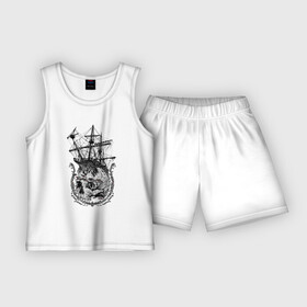 Детская пижама с шортами хлопок с принтом The frigate and the Pirate s Skull в Санкт-Петербурге,  |  | anchor | emblem | fish | frigate | mast | ornament | skull | мачта | орнамент | рыба | фрегат | череп | эмблема | якорь