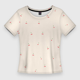 Женская футболка 3D Slim с принтом Вишня на бежевом фоне в Санкт-Петербурге,  |  | бежевый | вишенка | вишнёвый | вишня | детский принт | зелень | красный | лето | милый принт | паттерн | тепло | фрукт | ягоды