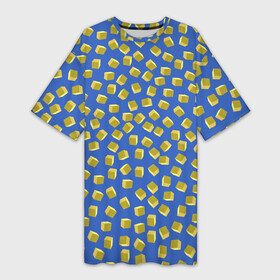 Платье-футболка 3D с принтом Золотые крупные кубики на синем поле в Санкт-Петербурге,  |  | 3д | геометрия | желтый | золотой | куб | кубик | несимметричный | синий