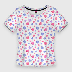Женская футболка 3D Slim с принтом Милые карамельки сердечки на белом в Санкт-Петербурге,  |  | baby | blue | bright | caramel | cute | female | heart | hearts | pink | pink hearts | white | белый | голубые | детский | женский | карамельный | милые | розовые | розовые сердечки | сердечки | сердце | яркий