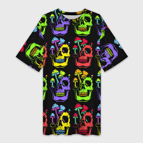 Платье-футболка 3D с принтом Мухоморы, растущие на черепе в Санкт-Петербурге,  |  | color | eye sockets | fly agaric | jaw | mushroom | neon | skull | teeth | глазницы | гриб | зубы | мода | мухомор | неон | пасть | цвет | череп