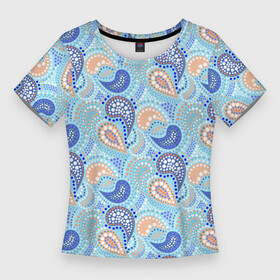Женская футболка 3D Slim с принтом Турецкий огурец Turkish cucumber blue pattern в Санкт-Петербурге,  |  | blue background | blue pattern | turkish cucumber | в горошек | модный узор | турецкий огурец