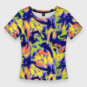 Женская футболка 3D Slim с принтом Пятнистый желто фиолетовый узор в Санкт-Петербурге,  |  | абстрактный узор | желтый | пятна | пятнистый узор | фиолетовый
