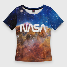 Женская футболка 3D Slim с принтом Лого NASA и Туманность Киля в Санкт-Петербурге,  |  | james webb telescope | nasa | space | universe | вселенная | зведы | звездное небо | космос | наса | телескоп джеймс уэбб | туманность киля | туманность киля джеймс уэбб | туманность киля наса | фото вселенная