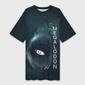 Платье-футболка 3D с принтом Мегалодон в тихом омуте в Санкт-Петербурге,  |  | акула | вымершая акула | гигантская акула | лодка | мегалодон | надпись