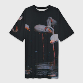 Платье-футболка 3D с принтом фламинго  вода в Санкт-Петербурге,  |  | art | birds | flamingo | flock | illustration | pink | summer | watercolor | акварель | животные | иллюстрация | искусство | лето | птицы | розовый | стая | узор | фауна | фламинго