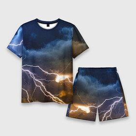 Мужской костюм с шортами 3D с принтом Разряд молнии в грозовом небе в Санкт-Петербурге,  |  | element | lightning | neon | sky | storm | storm cloud | гроза | молния | небо | неон | стихия | туча