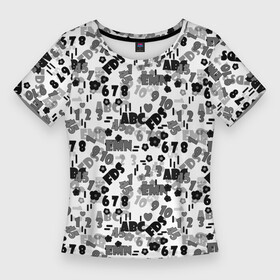 Женская футболка 3D Slim с принтом Black and white alphabet and numbers в Санкт-Петербурге,  |  | alphabet | black and white | numbers | алфавит | буквы | детский | цифры | черно белый | школьный