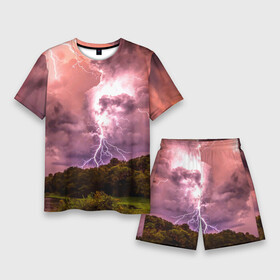 Мужской костюм с шортами 3D с принтом Грозовые разряды молний над лесным озером в Санкт-Петербурге,  |  | forest | lake | lightning | nature | storm | storm cloud | гроза | лес | молния | озеро | природа | туча