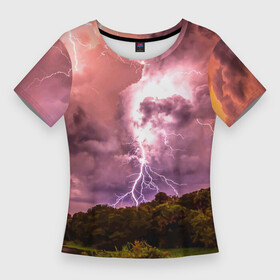 Женская футболка 3D Slim с принтом Грозовые разряды молний над лесным озером в Санкт-Петербурге,  |  | forest | lake | lightning | nature | storm | storm cloud | гроза | лес | молния | озеро | природа | туча