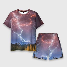 Мужской костюм с шортами 3D с принтом Грозовые разряды молний над лесом в Санкт-Петербурге,  |  | element | forest | lightning | nature | storm | storm cloud | гроза | лес | молния | природа | стихия | туча
