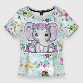 Женская футболка 3D Slim с принтом Милая слониха в цветах в Санкт-Петербурге,  |  | слон | слон в цветах | слоненок | слониха | цветы