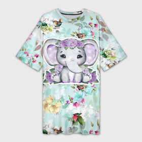 Платье-футболка 3D с принтом Милая слониха в цветах в Санкт-Петербурге,  |  | слон | слон в цветах | слоненок | слониха | цветы