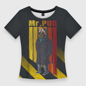 Женская футболка 3D Slim с принтом Мистер мопс в пальто в Санкт-Петербурге,  |  | pug | мистер | мопс | мопс в пальто | пес | пес в пальто | собака