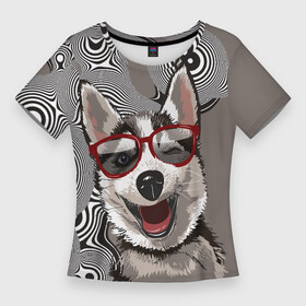 Женская футболка 3D Slim с принтом Веселый хаски в Санкт-Петербурге,  |  | веселое | голова собаки | ездовая собака | животное | порода | собака | хаски