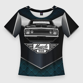 Женская футболка 3D Slim с принтом Muscle ride Черное авто в Санкт-Петербурге,  |  | авто | гонка | гоночный | езда | машина | черный автомобиль