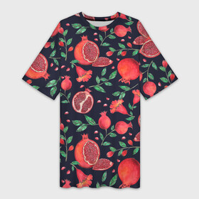 Платье-футболка 3D с принтом Красные гранаты на темном фоне в Санкт-Петербурге,  |  | Тематика изображения на принте: greensoul | pomegranate | гранат | гранаты | красные гранаты | красные фрукты | фрукт | фрукты | цветы граната