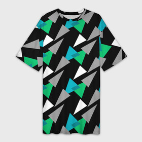 Платье-футболка 3D с принтом Разноцветные треугольники на черном фоне в Санкт-Петербурге,  |  | Тематика изображения на принте: геометрический узор | зеленый | серый | темный узор | треугольники