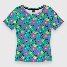 Женская футболка 3D Slim с принтом Яркий цветочный узор на бирюзовом фоне в Санкт-Петербурге,  |  | бирюзовый | детский принт | летний узор | розовые цветы | цветочный узор | цветы | яркий розовый