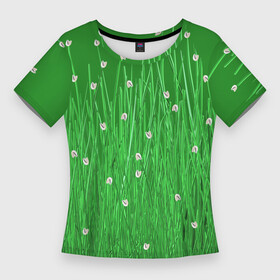 Женская футболка 3D Slim с принтом Трава с белыми цветочками в Санкт-Петербурге,  |  | зеленый | паттерн | природа | цветы
