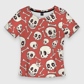 Женская футболка 3D Slim с принтом Черепа на красном фоне в Санкт-Петербурге,  |  | паттерн | скелет | текстура | череп | черепа | черепки
