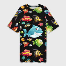 Платье-футболка 3D с принтом Прикольная акула и другие жители океана в Санкт-Петербурге,  |  | fish | jaw | jellyfish | ocean | sea | seahorse | shark | shell | starfish | teeth | акула | зубы | медуза | море | морская звезда | морской конёк | океан | пасть | раковина | рыба