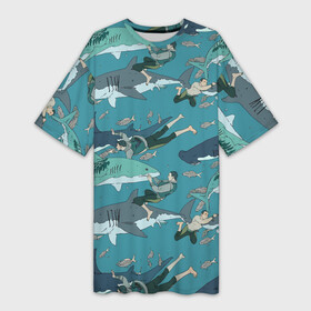 Платье-футболка 3D с принтом Ныряльщики и акулы  паттерн в Санкт-Петербурге,  |  | diver | fin | fish | mutual understanding | ocean | pattern | shark | акула | взаимопонимание | ныряльщик | океан | паттерн | плавник | природа | рыба