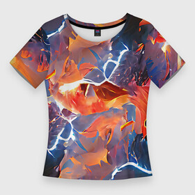 Женская футболка 3D Slim с принтом Fire thunder в Санкт-Петербурге,  |  | abstraction | art | blue | bright | fire | lightnings | multicoloured | red | thunder | абстракция | арт | буря | гром | красный | молния | огонь | пламя | разноцветный | синий | стихия | яркий