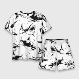 Мужской костюм с шортами 3D с принтом Кровожадные акулы  стая в Санкт-Петербурге,  |  | Тематика изображения на принте: fin | jaw | ocean | pack | pattern | shark | tail | teeth | акула | зубы | океан | пасть | паттерн | плавник | стая | хвост