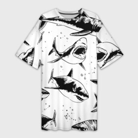 Платье-футболка 3D с принтом Кровожадные акулы  стая в Санкт-Петербурге,  |  | Тематика изображения на принте: fin | jaw | ocean | pack | pattern | shark | tail | teeth | акула | зубы | океан | пасть | паттерн | плавник | стая | хвост