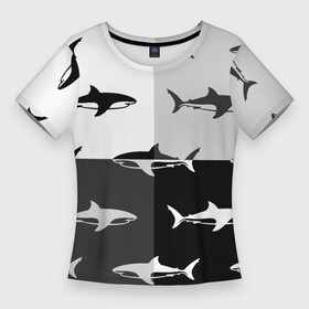 Женская футболка 3D Slim с принтом Стая акул  pattern в Санкт-Петербурге,  |  | fin | pack | pattern | shark | tail | акула | паттерн | плавник | стая | хвост