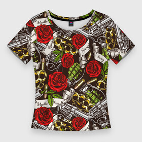 Женская футболка 3D Slim с принтом Мафия  кастеты, гранаты, пистолеты и розы в Санкт-Петербурге,  |  | Тематика изображения на принте: гангстеры | граната | гранаты | кастет | мафия | паттерн | пистолет | розы | ствол | текстура