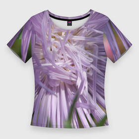 Женская футболка 3D Slim с принтом Астра в стиле хаос в Санкт-Петербурге,  |  | астра | беспорядок | дача | игла | лепесток | лето | природа | растение | тонкий | участок | фазенда | фиолетовый | хоас | цветение | цветовод | цветоводство | цветок | цветы