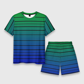 Мужской костюм с шортами 3D с принтом Черные полосы на синем, зеленом градиенте в Санкт-Петербурге,  |  | black stripes | blue | gradient | green | horizontal | lines | minimalism | ombre | simple | striped | stripes | горизонталь | градиент | зеленый | линии | минимализм | омбре | полосатый | полосы | простой | синий | черные полосы