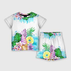 Детский костюм с шортами 3D с принтом Тропический рай и мороженое в Санкт-Петербурге,  |  | акварель | акварельный | ананас | летний | лето | лист пальмы | монстера | мороженое | отдых | рисунки | рисунок | тропики | тропический | фрукты | цветы | экзотические цветы | экзотический