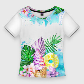 Женская футболка 3D Slim с принтом Тропический рай и мороженое в Санкт-Петербурге,  |  | акварель | акварельный | ананас | летний | лето | лист пальмы | монстера | мороженое | отдых | рисунки | рисунок | тропики | тропический | фрукты | цветы | экзотические цветы | экзотический