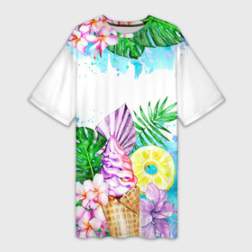 Платье-футболка 3D с принтом Тропический рай и мороженое в Санкт-Петербурге,  |  | акварель | акварельный | ананас | летний | лето | лист пальмы | монстера | мороженое | отдых | рисунки | рисунок | тропики | тропический | фрукты | цветы | экзотические цветы | экзотический