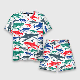 Мужской костюм с шортами 3D с принтом Стая разноцветных акул  паттерн в Санкт-Петербурге,  |  | color | fin | jaw | pack | pattern | shark | summer | tail | teeth | акула | зубы | лето | пасть | паттерн | плавник | стая | хвост | цвет