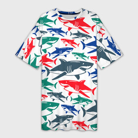 Платье-футболка 3D с принтом Стая разноцветных акул  паттерн в Санкт-Петербурге,  |  | Тематика изображения на принте: color | fin | jaw | pack | pattern | shark | summer | tail | teeth | акула | зубы | лето | пасть | паттерн | плавник | стая | хвост | цвет