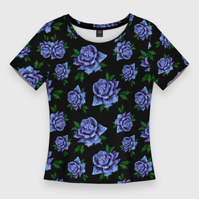 Женская футболка 3D Slim с принтом Сапфировые розы на черном в Санкт-Петербурге,  |  | вечерний | паттерн | розочки | розы | сапфир | сапфировый | темный | цветочки | цветы