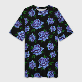 Платье-футболка 3D с принтом Сапфировые розы на черном в Санкт-Петербурге,  |  | вечерний | паттерн | розочки | розы | сапфир | сапфировый | темный | цветочки | цветы