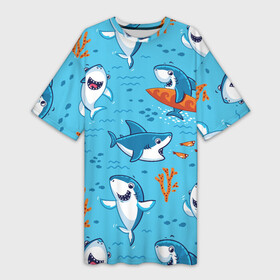 Платье-футболка 3D с принтом Прикольные акулята  паттерн в Санкт-Петербурге,  |  | coral | eyes | fin | fish | jaw | ocean | sea | shark | smile | summer | teeth | акула | глаза | зубы | коралл | лето | море | океан | пасть | плавник | рыба | улыбка