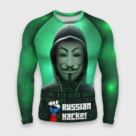 Мужской рашгард 3D с принтом Russian hacker green в Санкт-Петербурге,  |  | hack | hacker | rus | russia | welcome to russia | анонимус | герб | герб россии | из россии | патриотизм | российская федерация | россия | русский | рф | хак | хакер