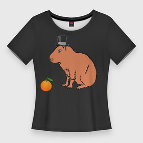 Женская футболка 3D Slim с принтом Капибара в цилиндре в Санкт-Петербурге,  |  | capybara | апельсин около капибары | капибара в шляпе | капибара мем | капибара с апельсином | морская свинка | покерфейс капибара | цилиндр